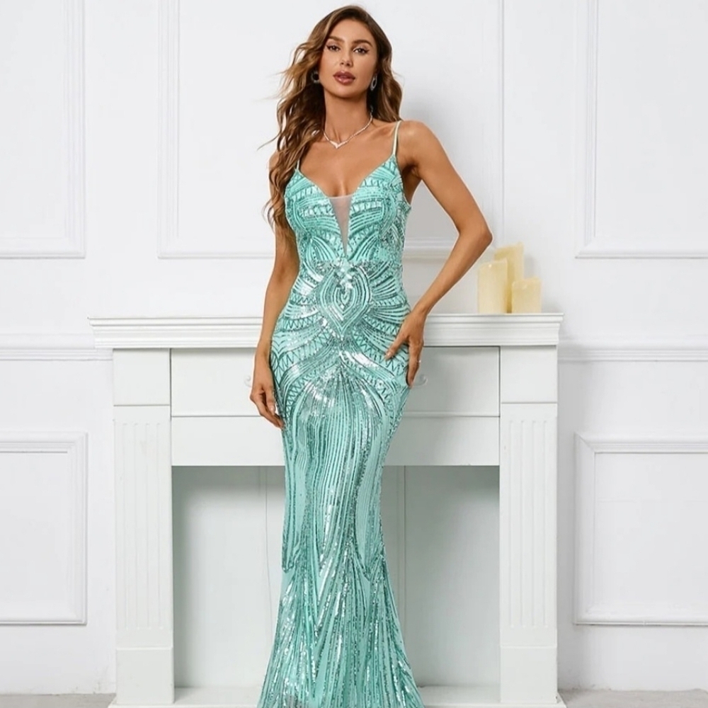 Mint Green, Geo Print, Sleeveless, Beaded Draped Back, Sequined Mermai…CUSTOM - Picture 5 of 16